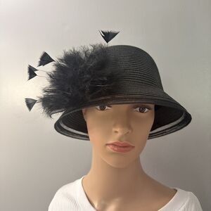 Bellissima Women’s Cloche Black Church Hat Feather Sheer Trim Polypropylene OSFM